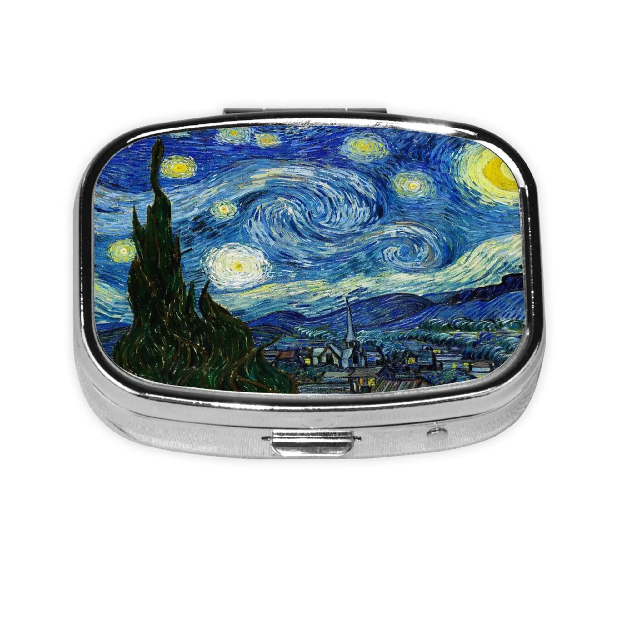 Van Gogh Starry Night Pill Box 2 Compartment Medicine Pill Case Portable Metal Medicine Vitamin Organizer Decorative