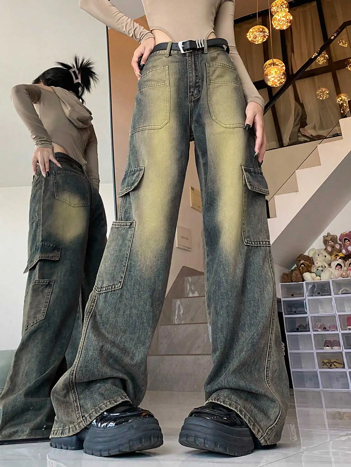 

Джинсы для рабочей одежды Western Spicy Girl adient Smear, новые длинные брюки с высокой талией и свободным дизайном по бокам, модные женские джинсы