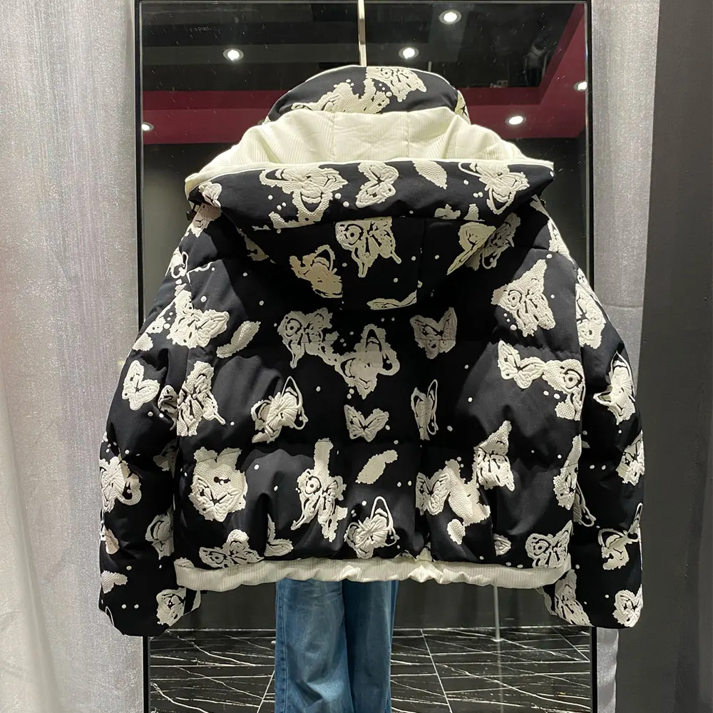 Parka corta para mujer, chaqueta de plumas de mariposa Floral a la moda, chaqueta cálida con capucha para mujer, abrigo informal de manga larga con plumón de pato