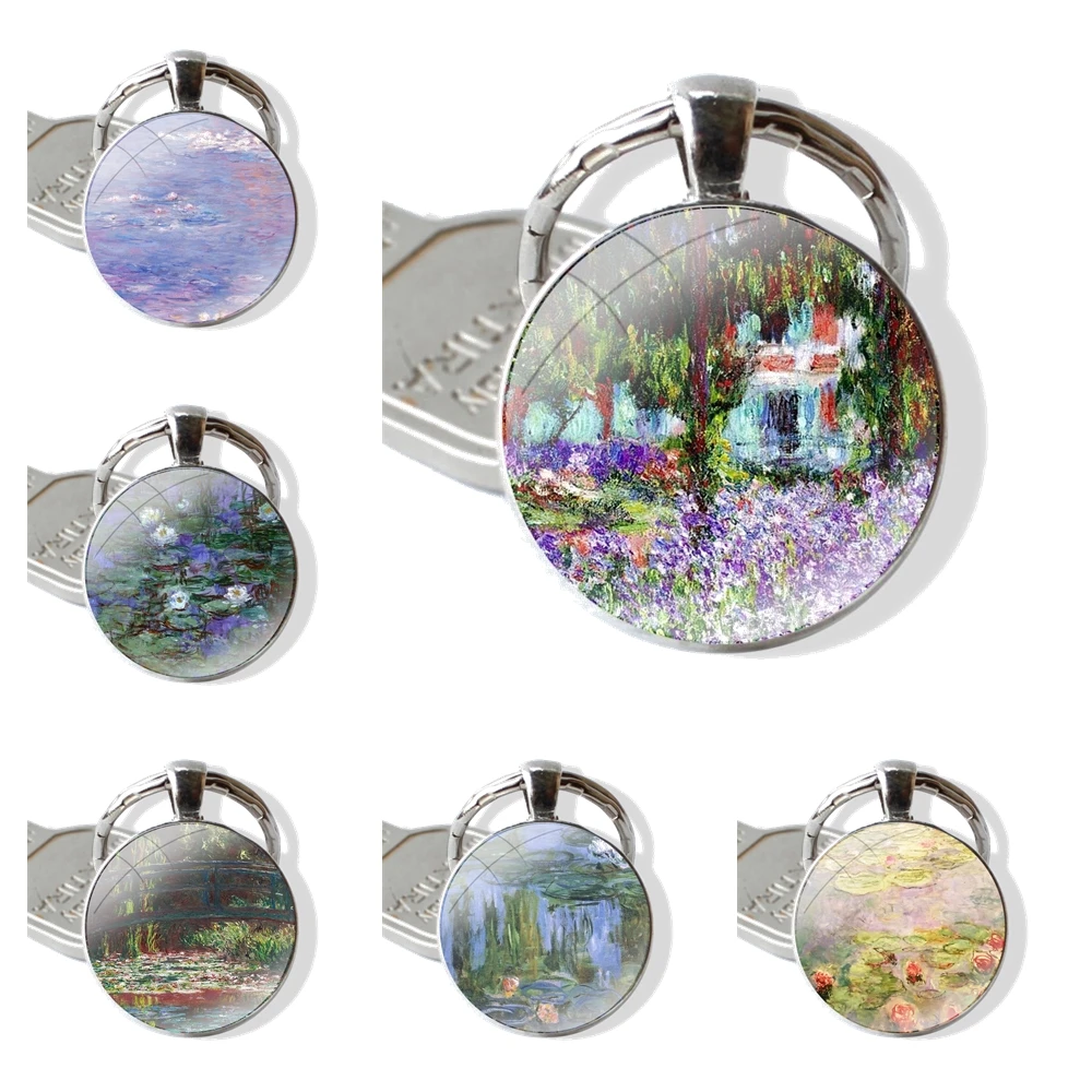 Claude Monet Garden Lotus Keychain Handmade Glass Cabochon Key Ring Holder Pendant Key Chains