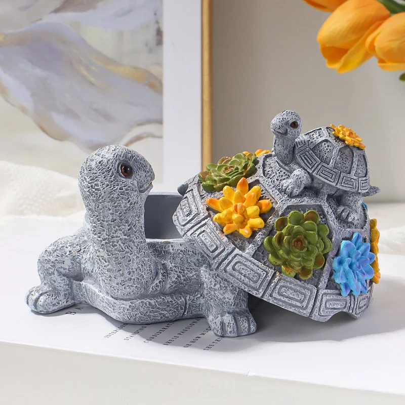 Resin Succulent Mother and Child Turtle Ashtray with Lid to Prevent Flying Ash and Smoke Odor Living Room Coffee Table Decorati