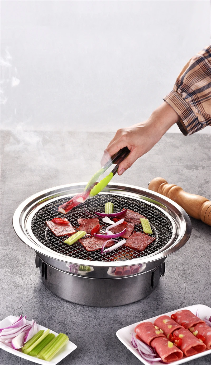 Stainless Steel Korean Charcoal Barbecue Grill Round Non-stick BBQ Grills Portable Charcoal Grill Family Outdoor BBQ Mini Stove