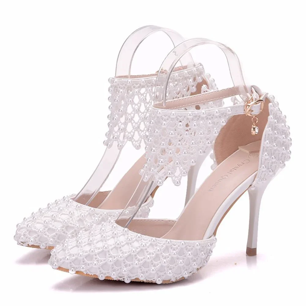 White Lace Flower Wedding Shoes With Matching Bags High Heels Pointed Toe Ankle Strap Ladies Party Shoe And Bag Set Pearl Shoe