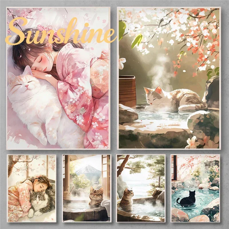 (No frame)Girl and Cat Sleeping Under Sakura Japanese Kimono Artwork Cherry Blossom Wall Decor Anime Aesthetic Relaxing Onsen