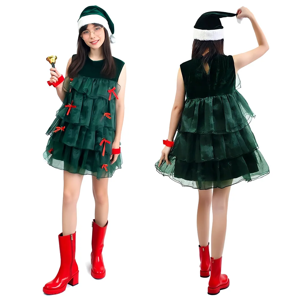 

Christmas New Sleeveless Green Cake Dress Cosplay Christmas Tree Holiday Party Performance Clothes Stage Wear Women