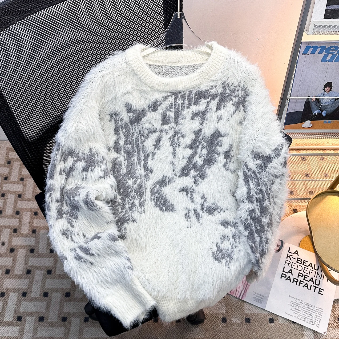 

Американский уличный стиль: вязаный свитер унисекс с круглым вырезом, утепленный, мягкий, осенне-зимний