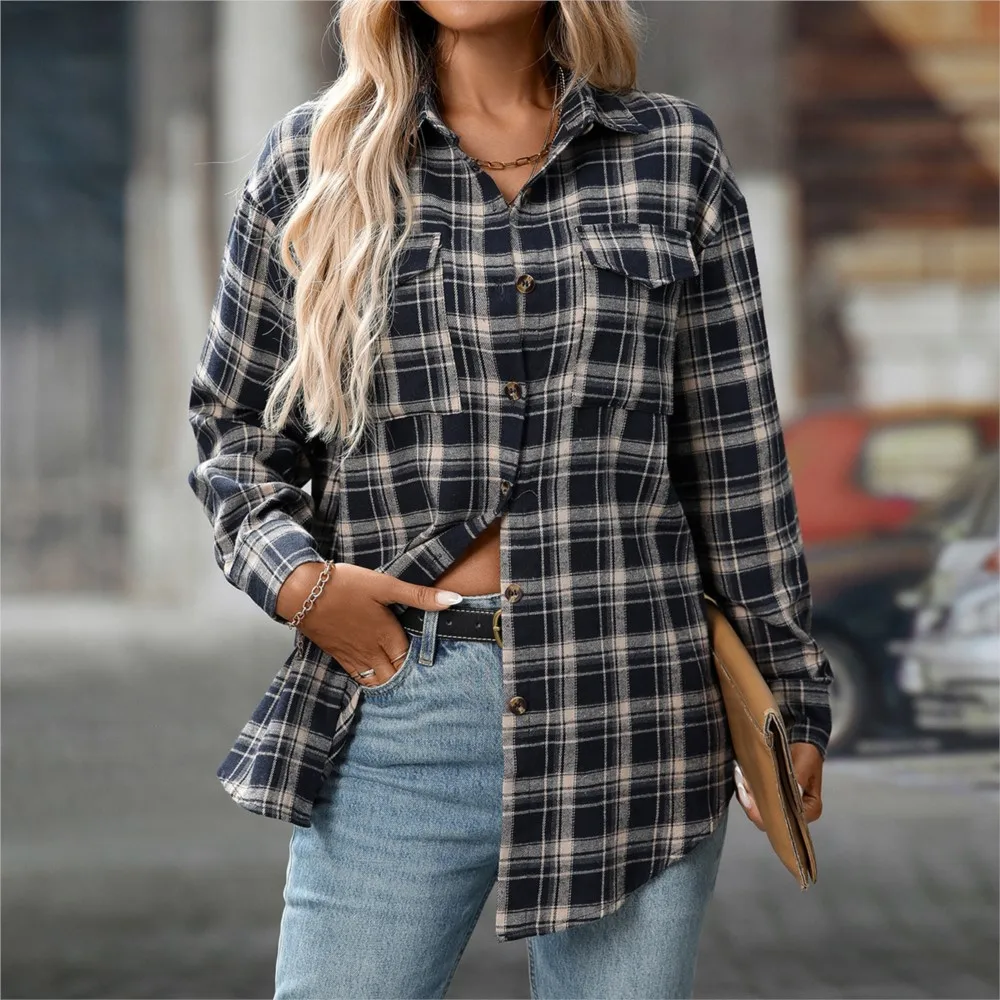 

Women's Single Breasted Cardigan Shirt Jacket 2025 New Casual And Fashionable Loose Plaid Pocket Splicing Blouses Femme Blusas