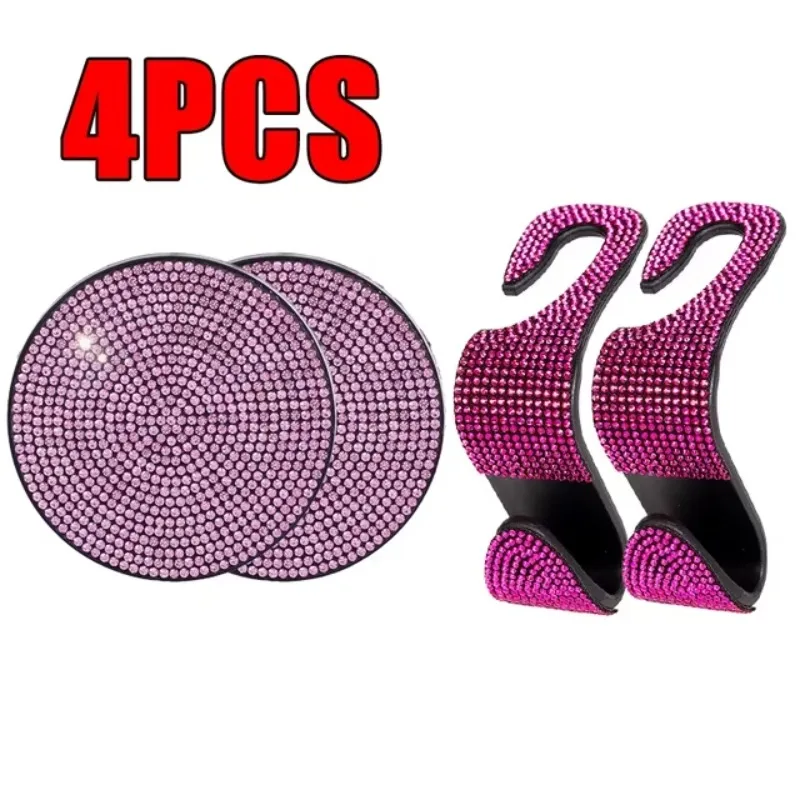 4 Pcs/set Bling Car Accessories for Women Rhinestone Diamond Auto Seat Back Hooks Non-slip Coaster Car Hook Water Cup Mat