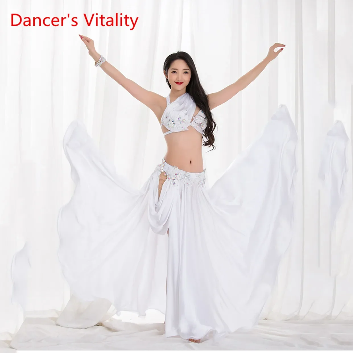 Women Sexy Belly Dance Show Wear Performance Oriental Dance Costume Handmade Luxury Drill Red White Suit Free Delivery