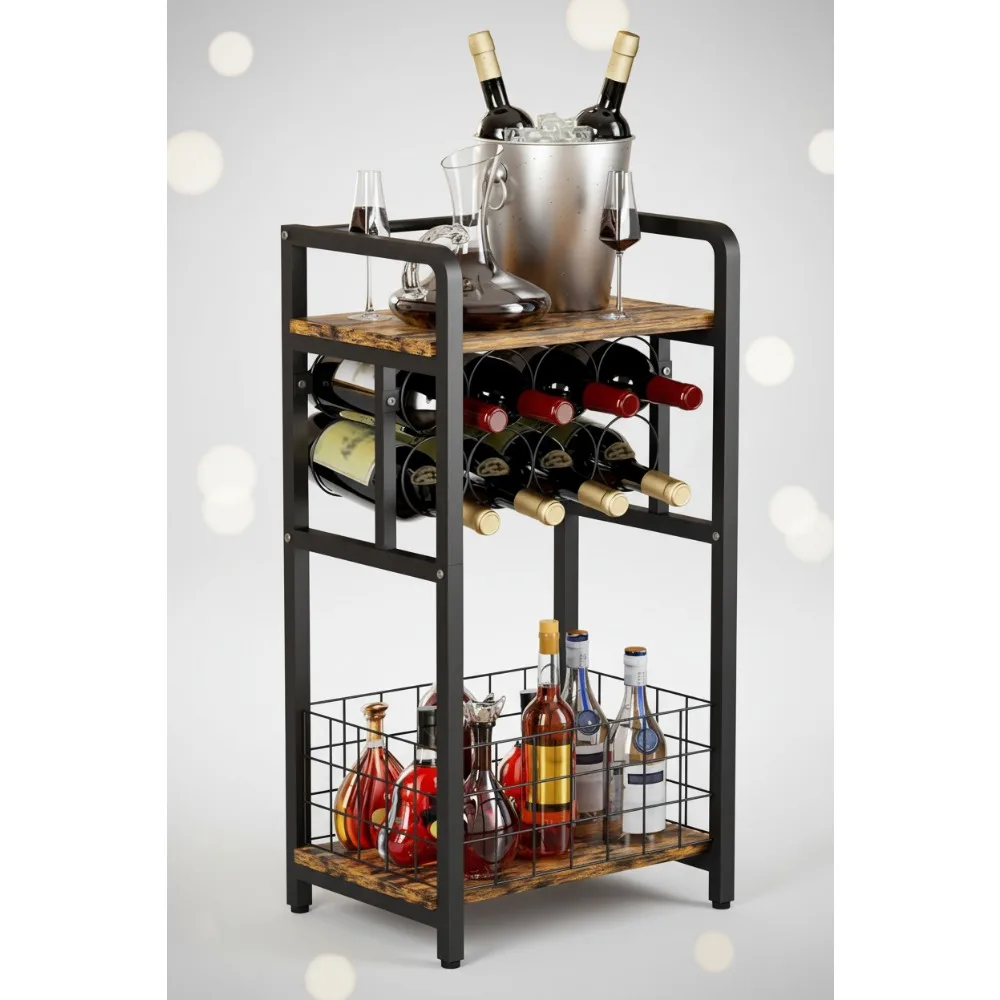 

3-Tier Metal Wine Rack with Wood Top, Space-Saving Corner Bar Table for Kitchen Living Room