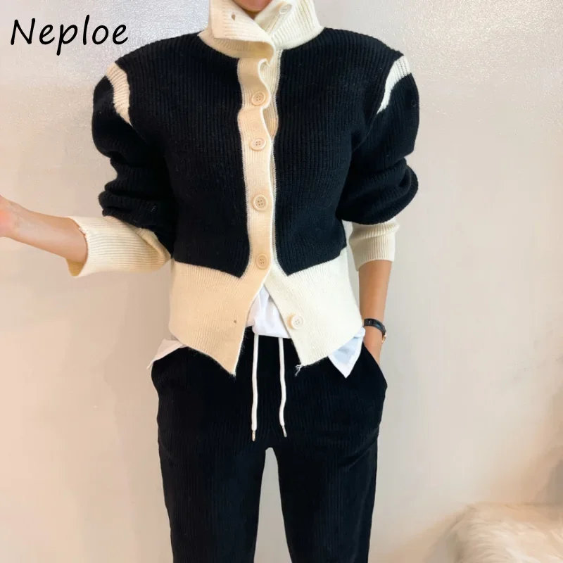 Neploe Turtleneck Contrast Color Patchwork Outerwear Single-breasted Slim Sweater Women Autumn Winter Cardigan Korea Style