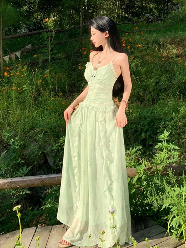 여름 우아한 민소매 프릴 스파게티 스트랩 백리스 드레스 Pleated 꽃 달콤한 요정 파티 가운 새로운 해변 휴가 드레스