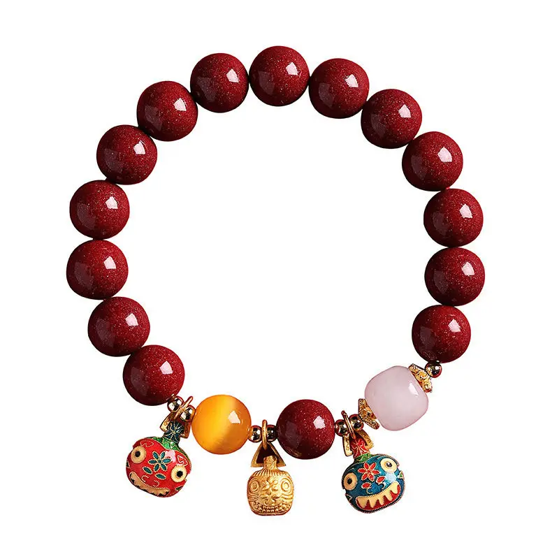 Natural Cinnabar Gold Swallowing Beast Family-of-Three Bracelet: Purple Gold Fortune Beads, Lucky Gift for All & Zodiac Year