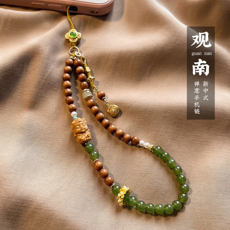 New Natural Sandalwood Exquisite Mobile Phone Chain Chalcedony Sandalwood Hand String Pendant Lucky Bag Wrist Anti-lost Pendant