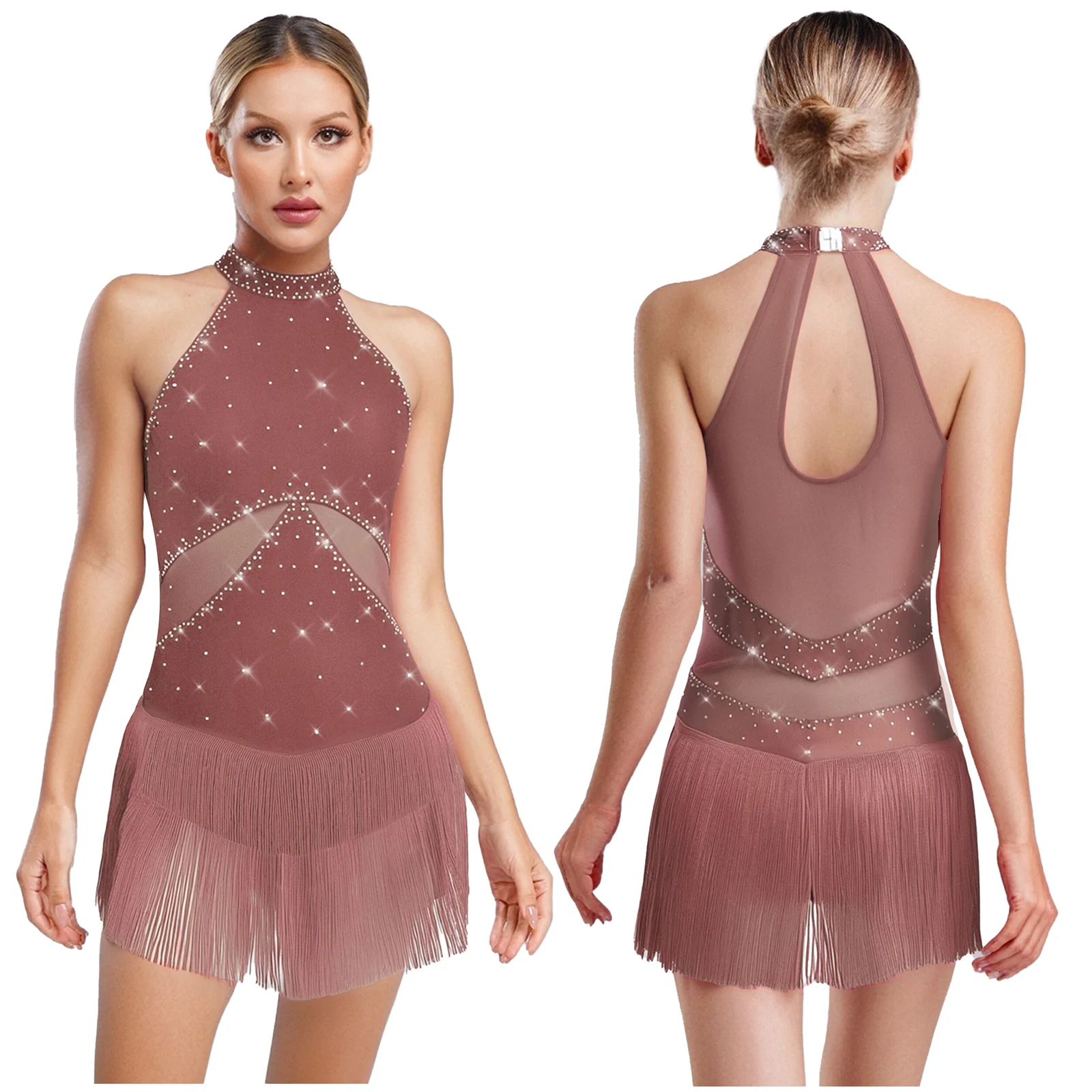 

Womens Latin Chacha Dance Leotard Sparkly Rhinestone Tassel Mesh Patchwork Back Hollow Out Bodysuit Dance Costume