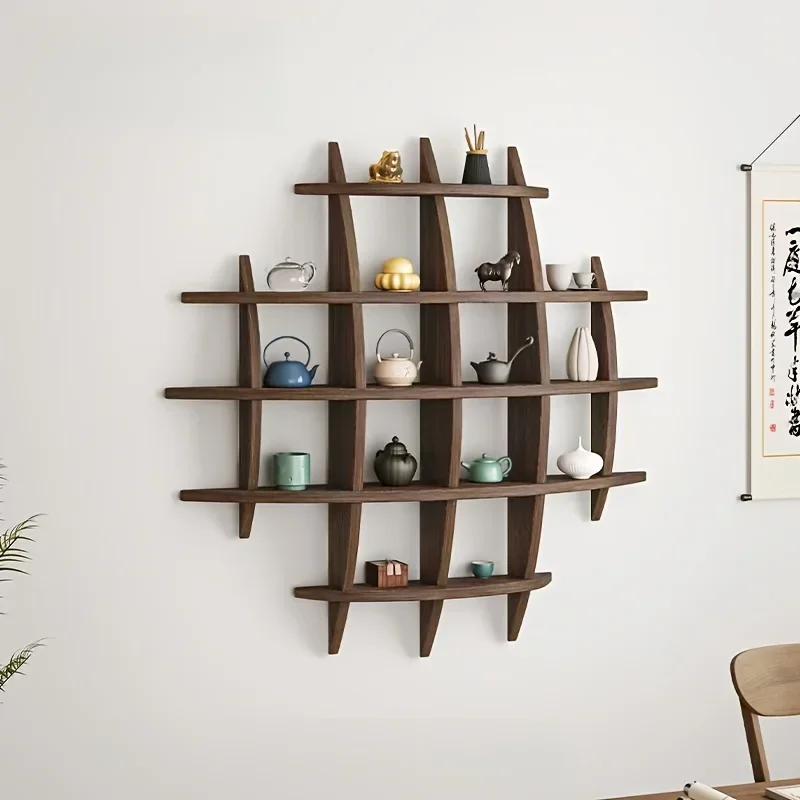 حامل أكواب الشاي الصيني من الخشب الصلب، حامل عرض إبريق الشاي المثبت على الحائط، تخزين رف أدوات الشاي لتزيين الحائط لغرفة المعيشة #4