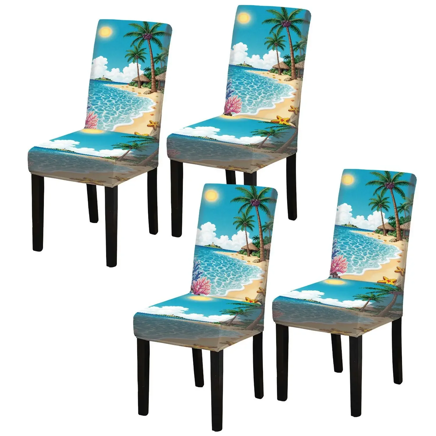 High-elastic printed dining chair cover, resort sea view beach pattern, suitable for home dining tables and chairs