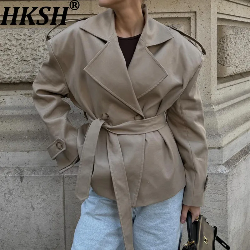 

HKSH весна осень новый женский короткий плащ с отложным воротником двубортный с поясом элегантная высококачественная ветровка Tide HK14026