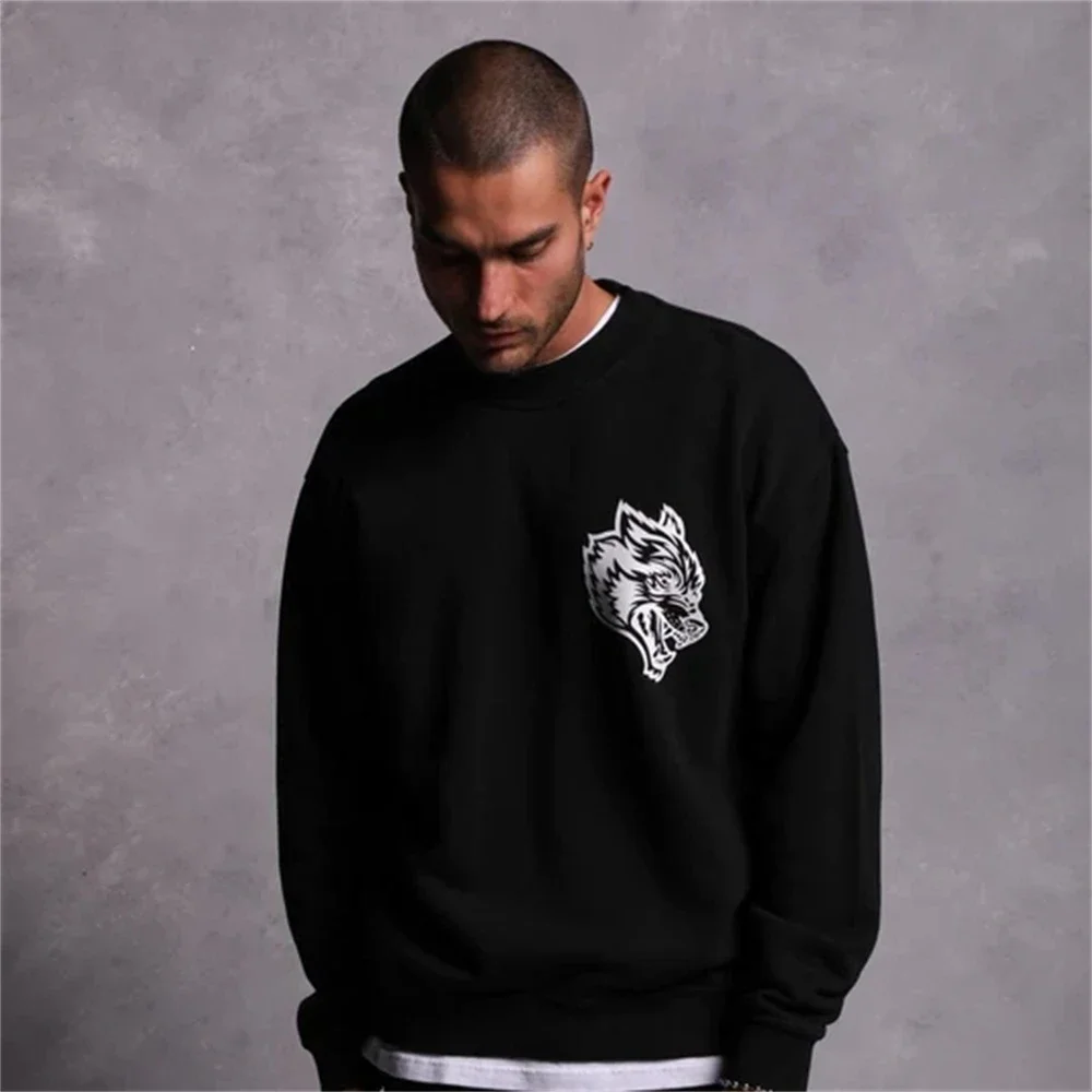 

WOLVES Skull Wolves Print Mens Hip Hop Vintage Terry Cotton Sweatshirts Men Pullovers Casual Hoodie O Neck Hip Hop Tops