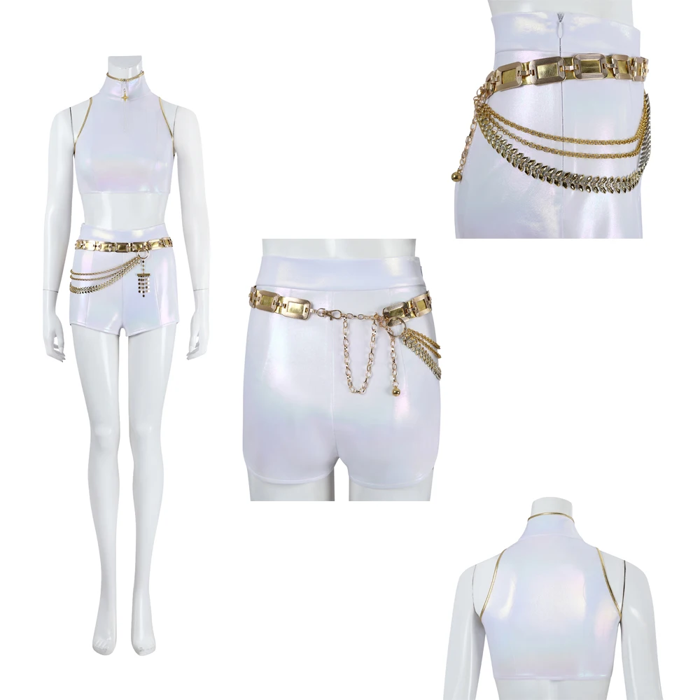 

High Quality Demon Rumi Cosplay Costume K-Pop Fantasia Hunters Adult Women Top Vest Shorts Chain Belt Outfits Halloween