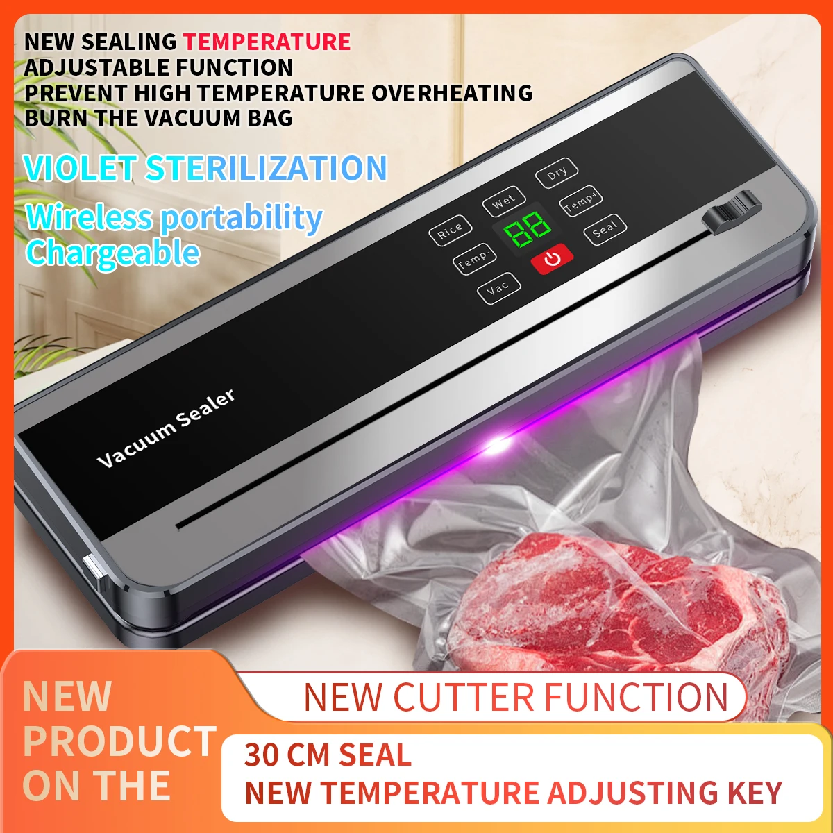 Electric Vacuum Sealer with Built-in Cutter Touch Button Kitchen Food Storage Seal for Dry/Wet Food Automatic Package Sealer