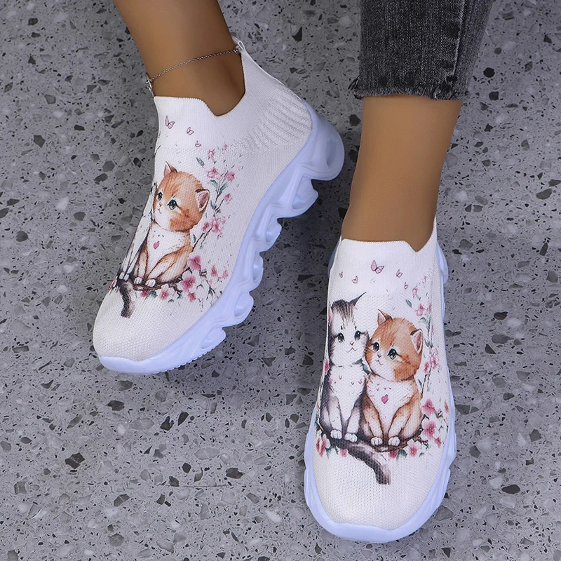 2024 New Cute Cat Print Womens Casual Sneakers Autumn Soft Comfort Thick Bottom Running Shoes Breathable Lightweight Sport Shoes