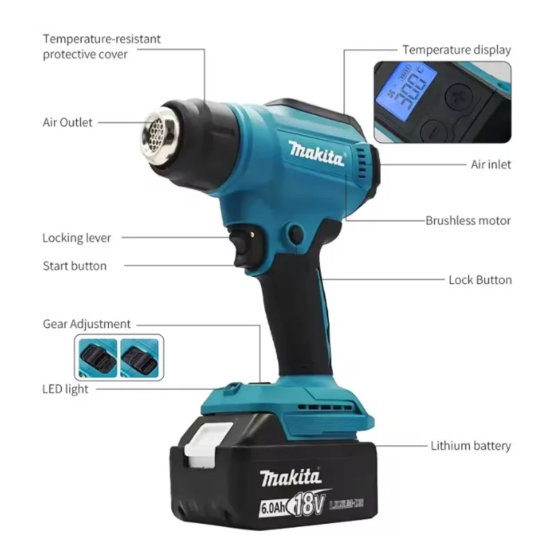 Makita 550°C Temperature Control Heat Gun 18V Cordless Handheld Hot Air Gun LED Display Soldering Thermal Blower For 18v Battery