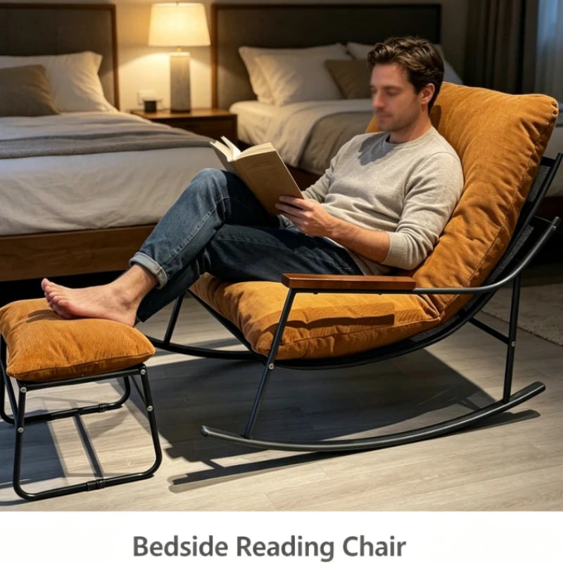 Rocking Lounge Chair With Corduroy Cushion And Metal Frame For Living Room Or Balcony Decor
