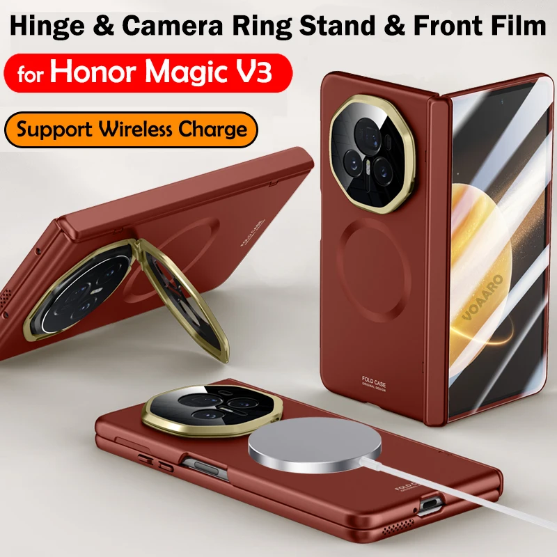 Hinge Protection Funda for Honor Magic V3 Case Metal Camera Ring Stand & Glass Film Magnetic Support Wireless Charging Cover