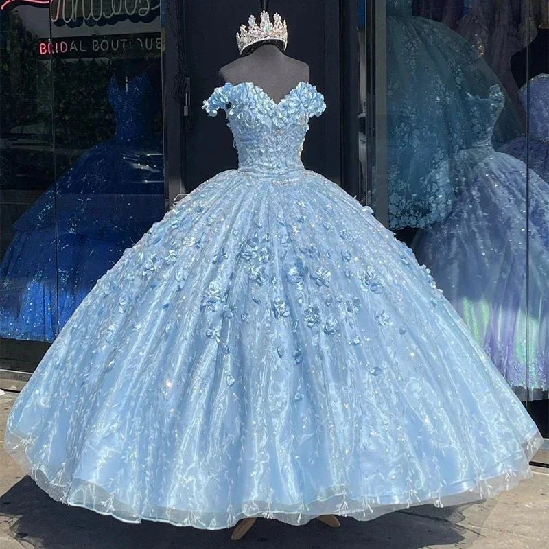 فساتين Quinceanera كلاسيكية باللون الأزرق الفاتح مع كيب قبالة الكتف Vestidos De 15 Anos الأزهار الدانتيل الأميرة حفلة عيد ميلاد الكرة ثوب