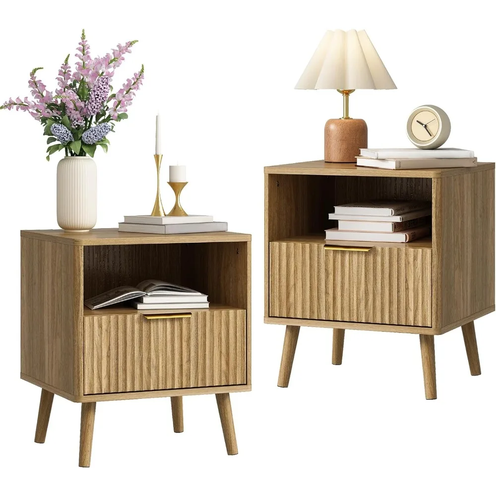 

Fluted Nightstand with Drawers, 16'' Wide Wood End Table for Bedroom, Small Space Bedside Table