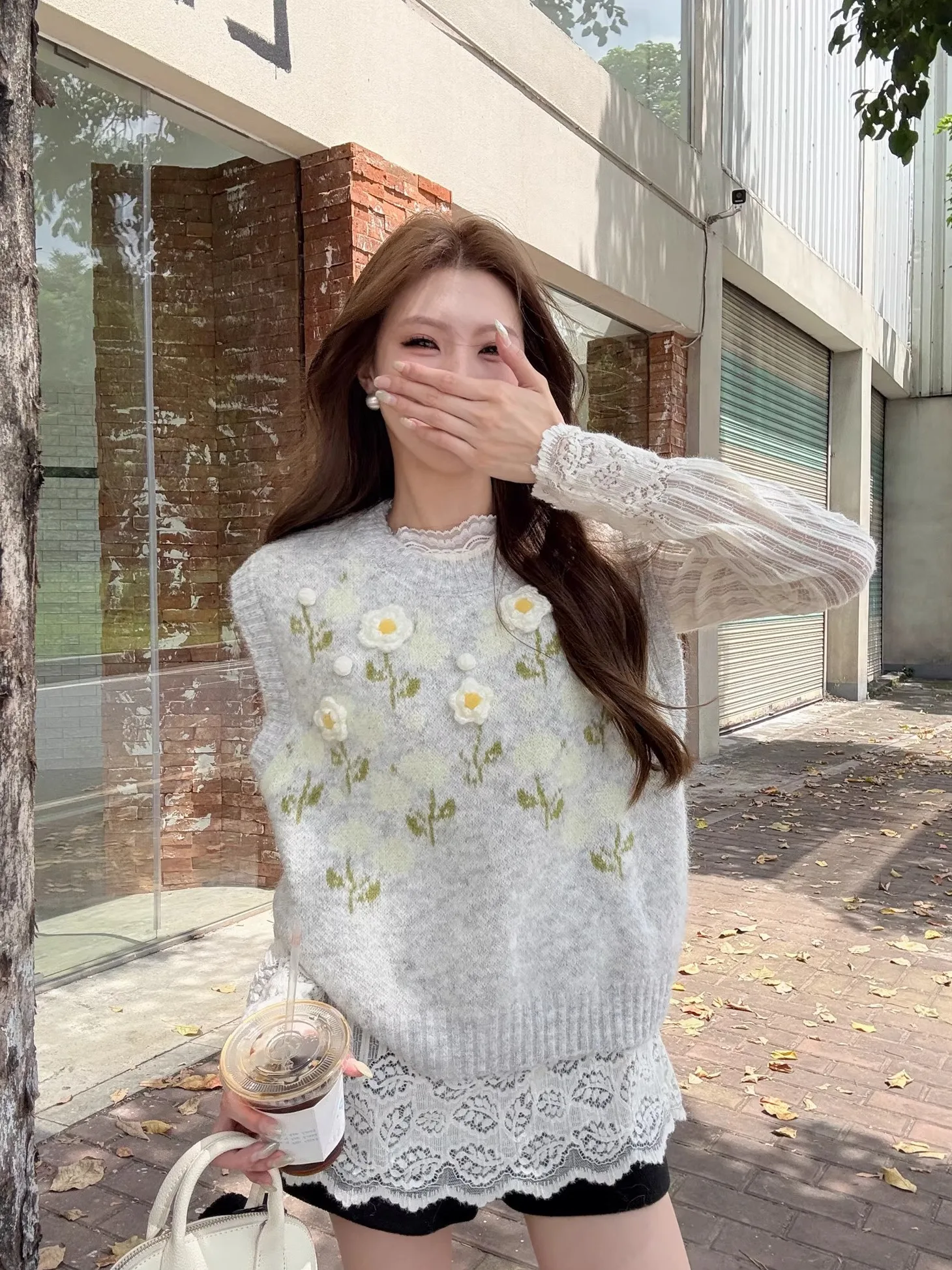SALIENCY Autumn Sweet 3D Flower Knitted Vest Pullovers Korean Sleeveless Women's O Neck Sweater