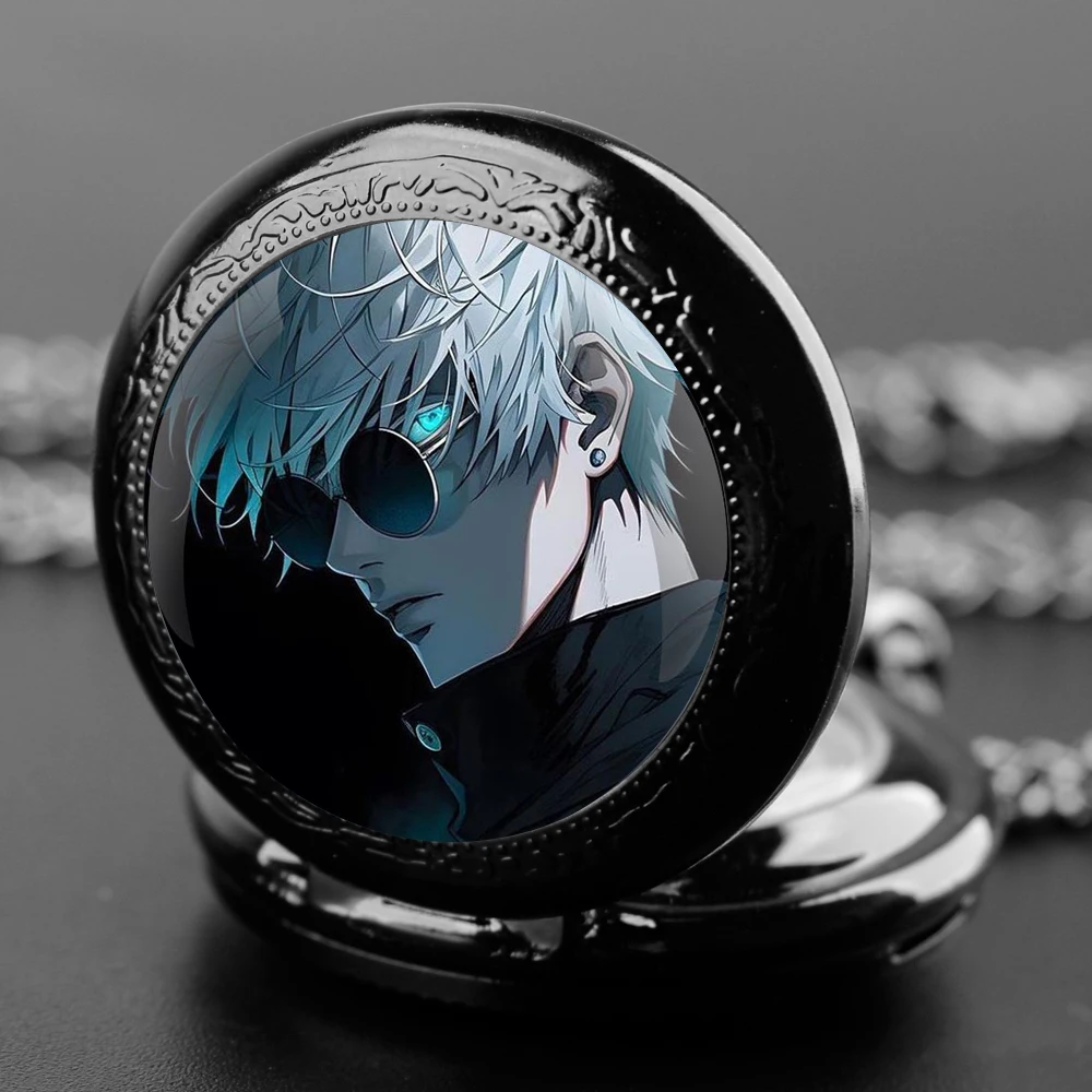 Classic Retro Jujutsu Kaisen Monu Khan Anime Quartz Pocket Watch with Necklace Chain Pendant Gift for Women Men Vintage Clock