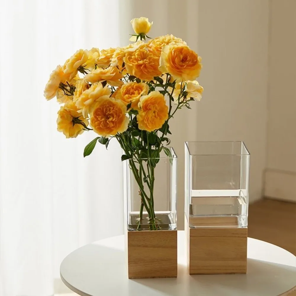 Nordic-Style Acrylic Flowers Vase Transparent Square/Round Light Luxury Vase Minimalism Wooden Base Decorative Vase