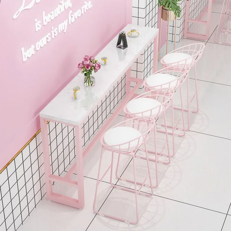 Milk tea shop against the wall high bar table simple Internet celebrity pink table and chair combination Nordic marble home