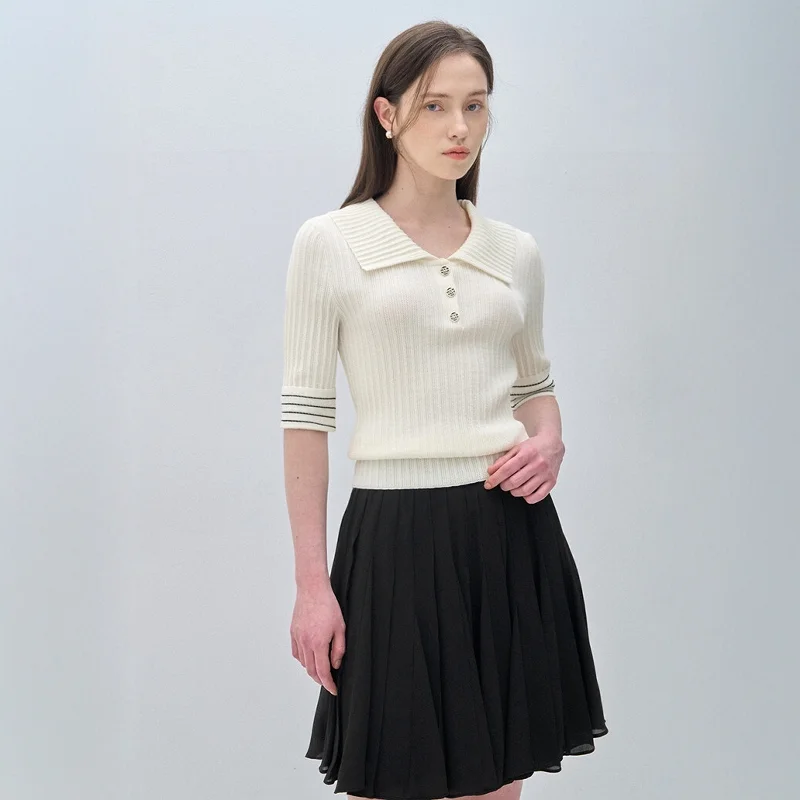 

Korean Sle Summer Casual Slim Fit ort Sve Knitted irt Contrast Color Collar Design Cotton Wool Blend Comfortable