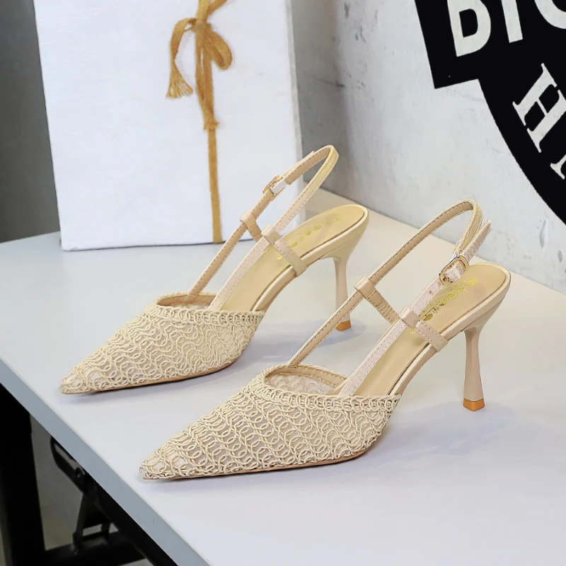 ocialite Woven Mesh Pointed Pumps Minimalist Single Metal Buckle Strap Thin Stiletto Breathable Elegant Office Evening