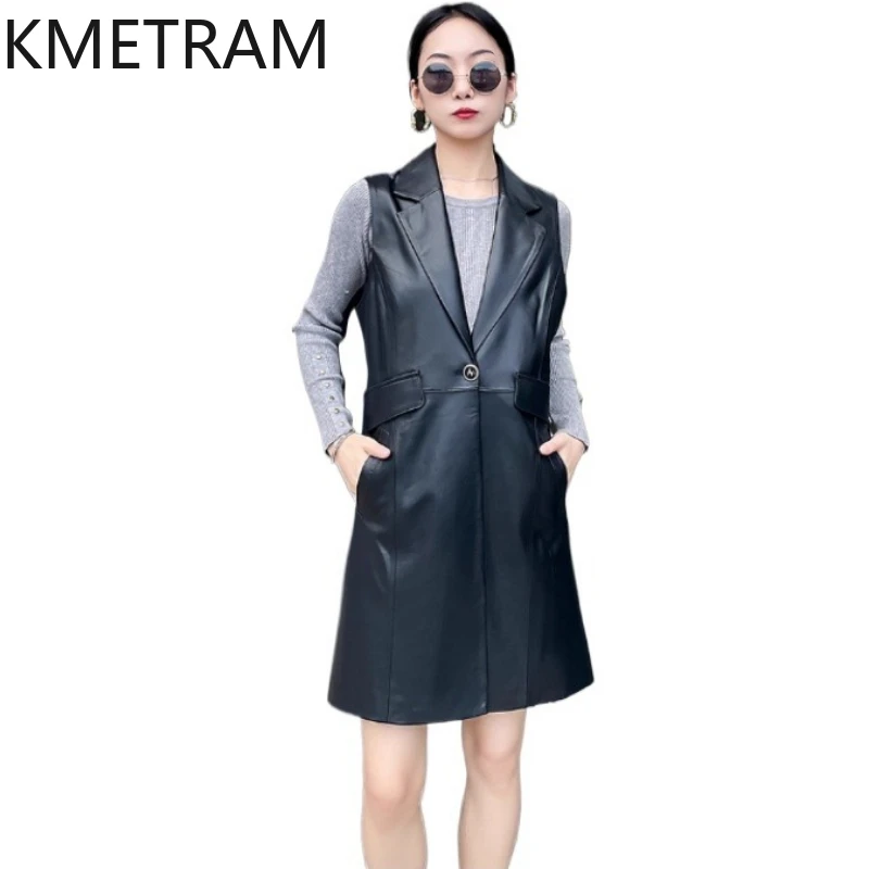 

100% верхний слой овчины, женская куртка средней длины, жилет без рукавов из натуральной кожи, черные пальто, осенняя одежда, 2024, женская 정품급