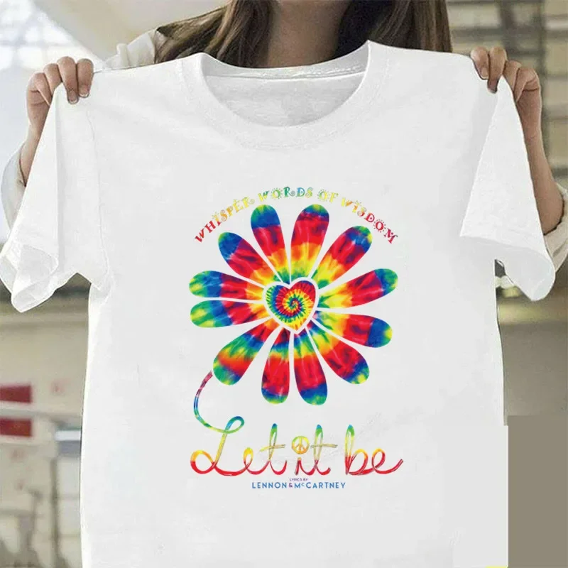 Camiseta solta de manga curta com gola O feminina, camiseta casual feminina, deixe ser colorida girassol estampa tops