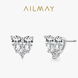 Ailmay 100% 925 Sterling Silver Luxury Elegant Love Heart Shape Stud Earrings for Women Cubic Zirconia Fashion Party Jewelry