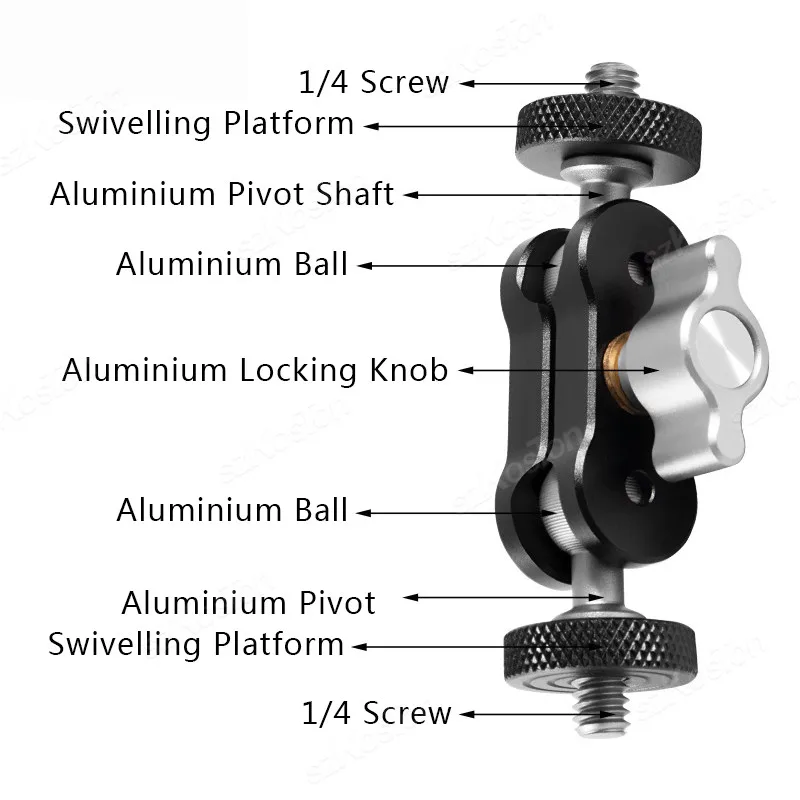 Brazo mágico de doble cabeza de bola con bola 360 de 15 mm °   Soporte extensible de tornillo de 1/4 pulgadas para cámara Gopro DSLR, Monitor, luz de vídeo, micrófono, trípode