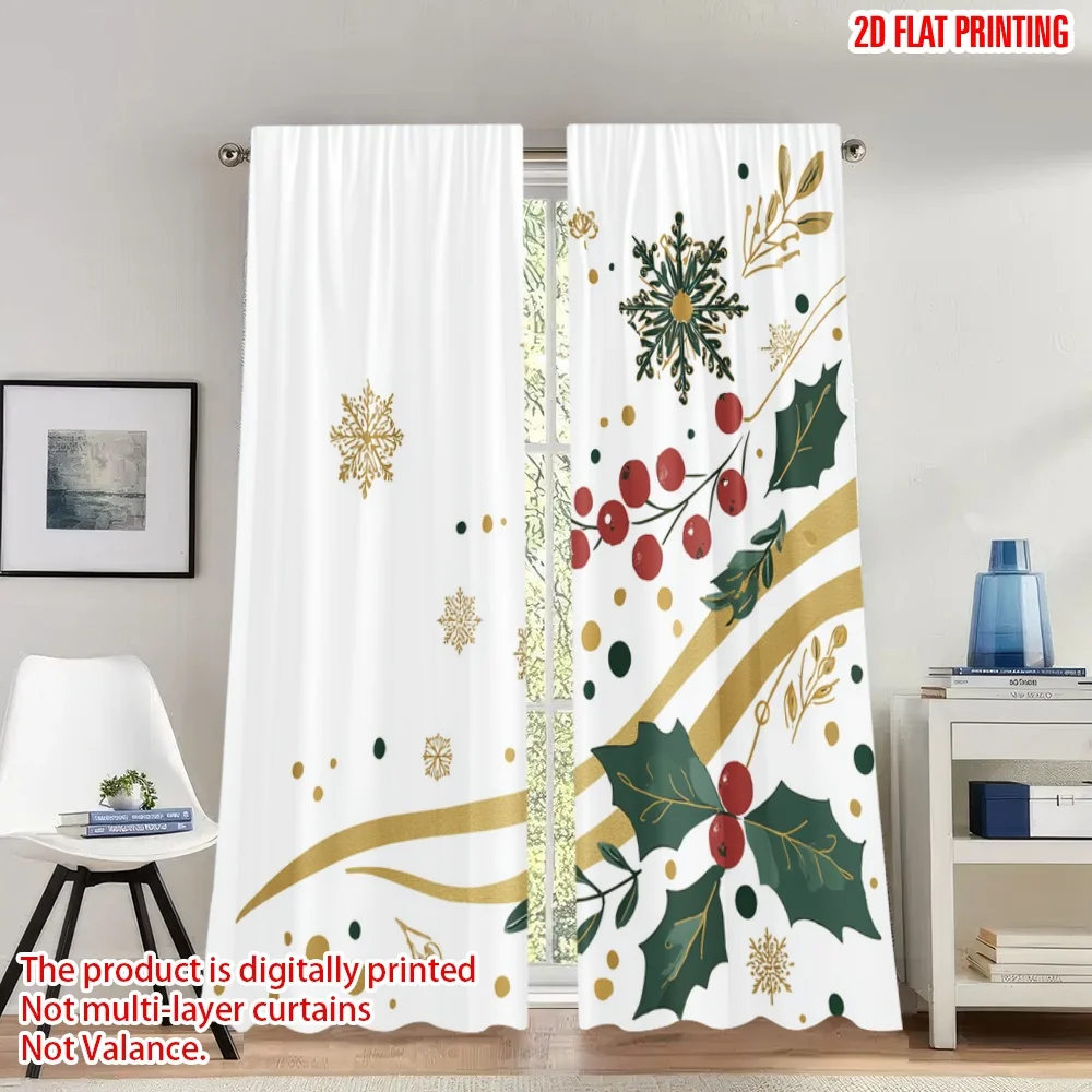 

2pcs 2D flat printing Happy Christmas fashion curtains Christmas Holly Snowflakes Golden Digital Printed Polyester Drapes
