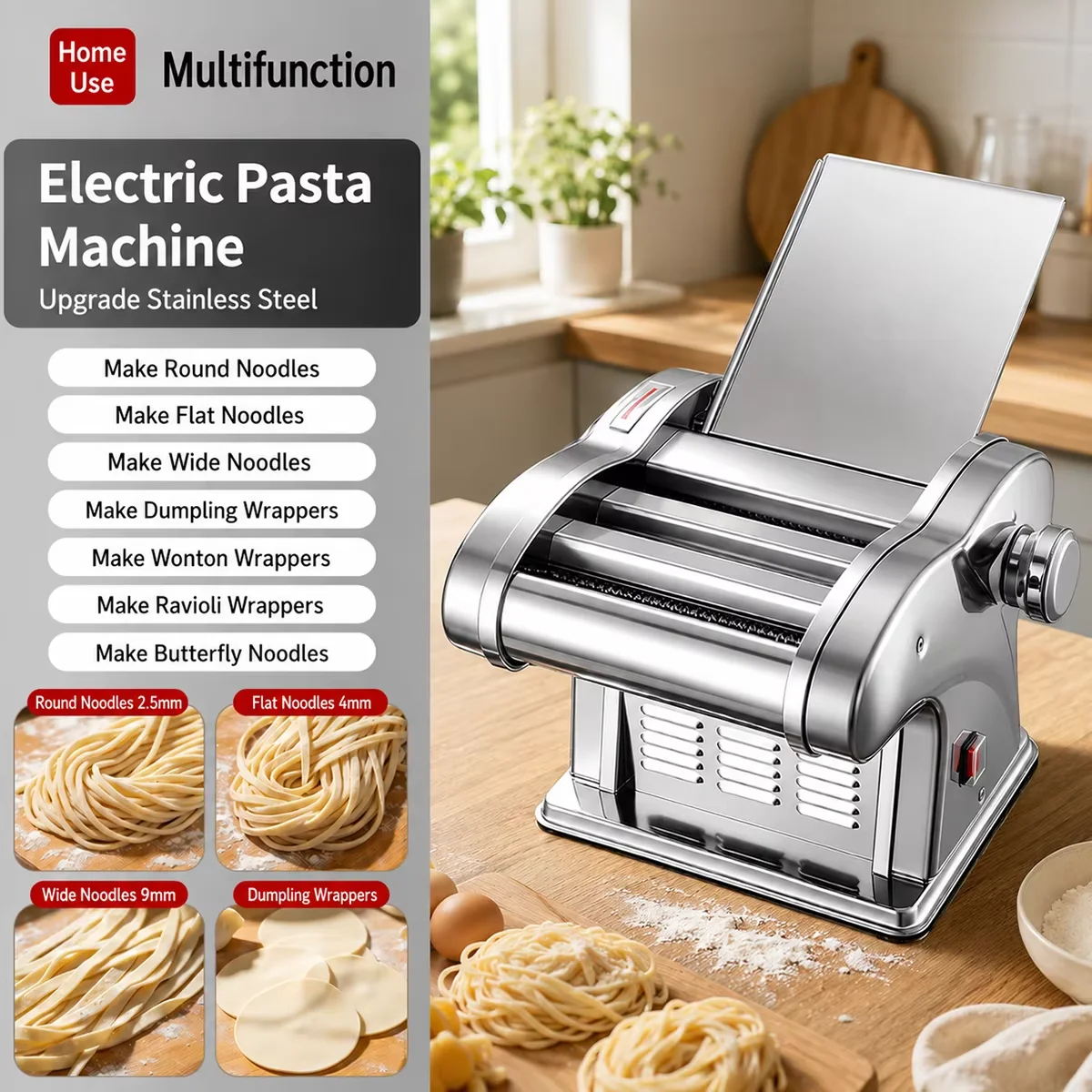 Macchina Elettrica per Pasta in Acciaio Inossidabile, con 3 Rulli Tagliapasta e 6 Impostazioni di Spessore, per Pasta Fresca e Sfoglie per Ravioli