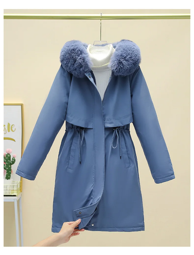 Women Parkas Jackets Cotton Coat Hooded Fur Collar Thicken Winter Warm Mid Length Overcoat Drawstring Outerwear Office Lady