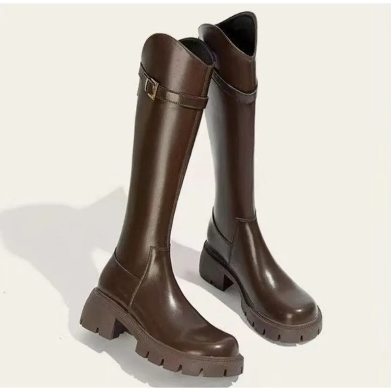 New Popular Casual Women Platform Snow Boots Buckle Women Knee High Boots Warm Fur Winter Riding Boot Female Black Brown Shoes