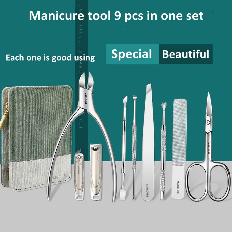 Multifunctional Nail Care Kit 9PCS Stainless Steel Manicure Clippers Cutters Scissors Portable Zipper Bag Beauty Grooming To