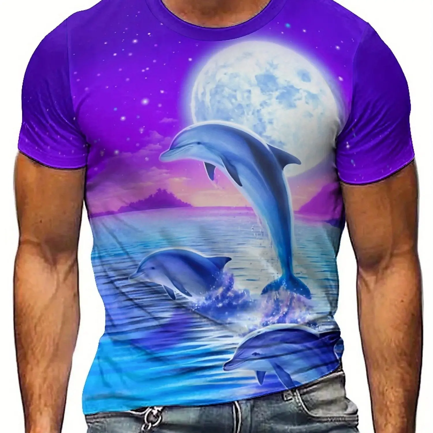 3D Dolphin Print T-Shirt | Unisex Polyester Tee with Moonlit Ocean Design | Vibrant Purple & Blue | Round Neck, Short Sleeve