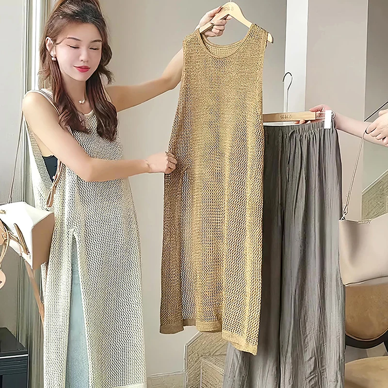 Summer Sleeveless Tank Dress Women Hollow Out Solid Color O-neck Basic Casual Holiday Midi Dresses