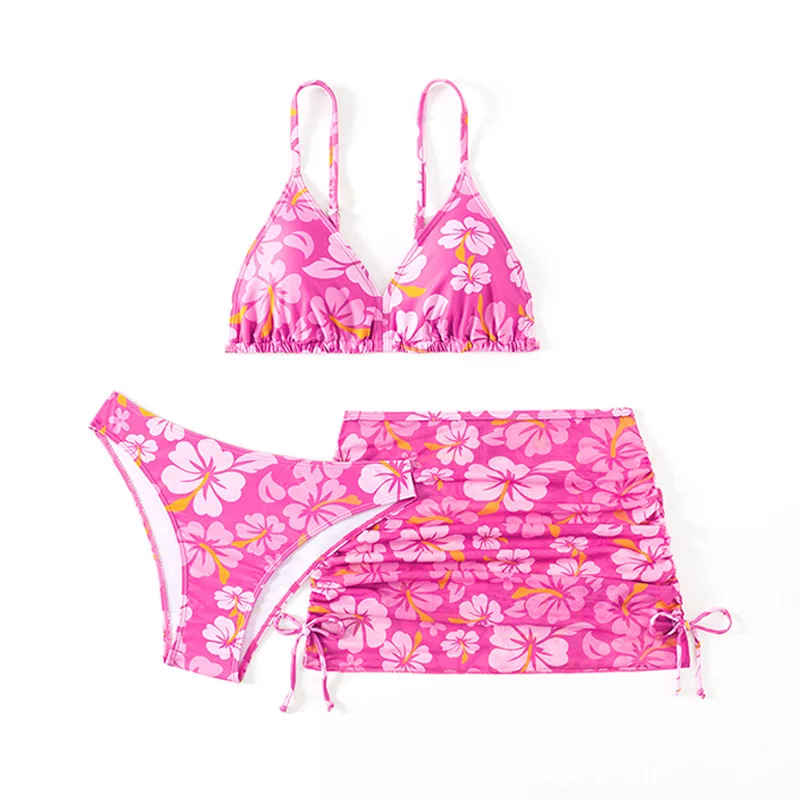 2025 New Swimsuit Childrens Little Fresh Cherry Blossom Three Piece Set Swimsuit Girls Bikini