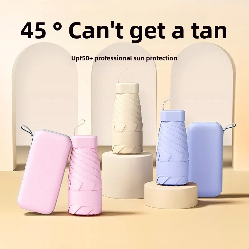 Guarda-chuva com estojo para cartão, proteção solar portátil, anti-UV, chuva ou brilho, guarda-chuva plano de 6 dobras